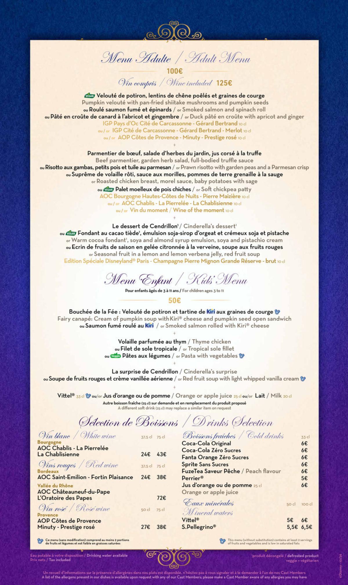 Auberge de Cendrillon menu from October 2026