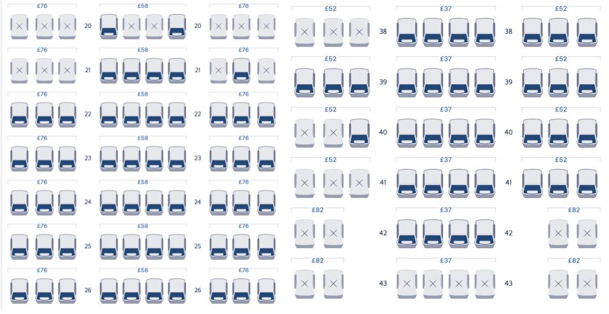 British Airways seat select prices (front of plane left, back of plane right) British Airways seat select prices (front of plane left, back of plane right)