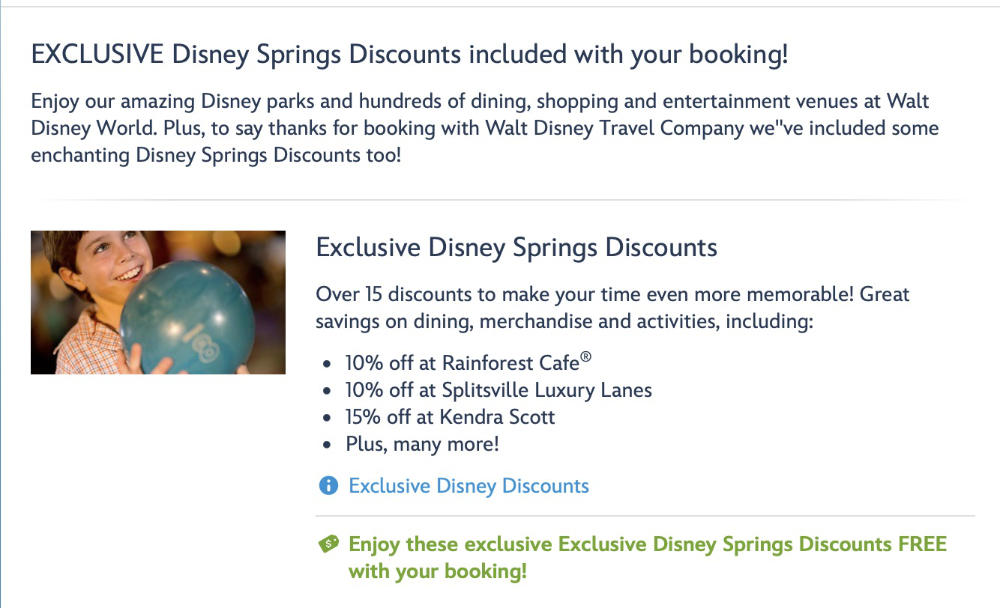 Disney Holidays booking page showing the new Exclusive Disney Springs Discounts wording