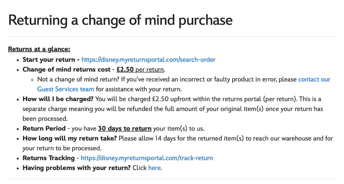 The new Disney Store UK online return fee policy The new Disney Store UK online return fee policy