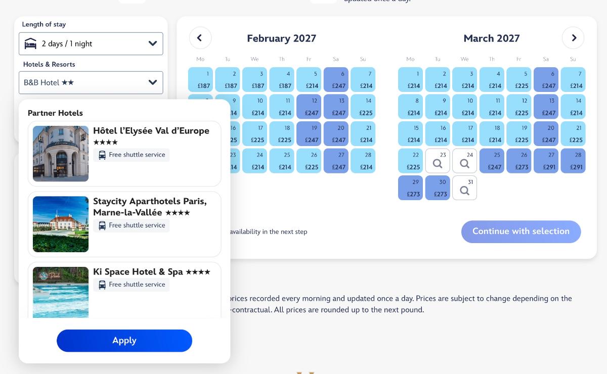 Disneyland Partner Hotel Price Estimate Calendar