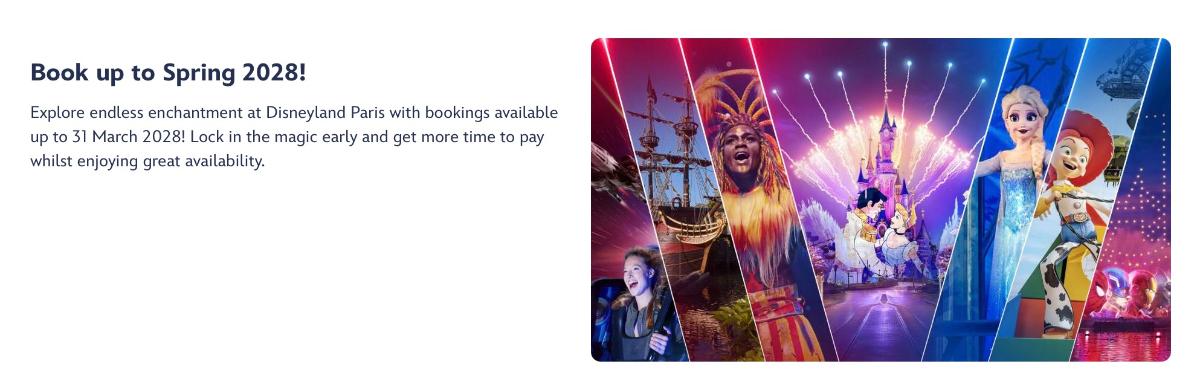 Disneyland Paris website showing booking now open to March 2028