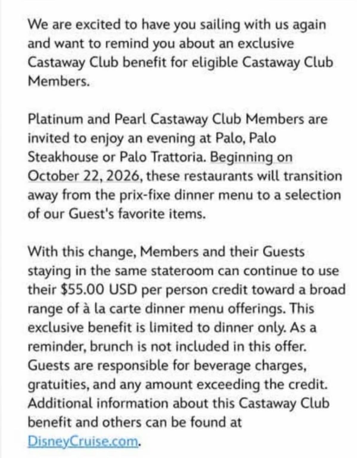 Email sent to Disney Cruise Line guests about Palo changes Email sent to Disney Cruise Line guests about Palo changes