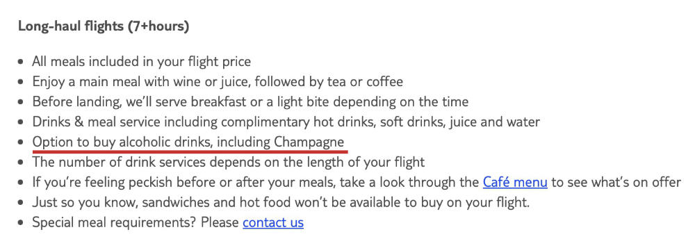 TUI website FAQ page confirming alcoholic drinks are available to purchase only on long-haul flights