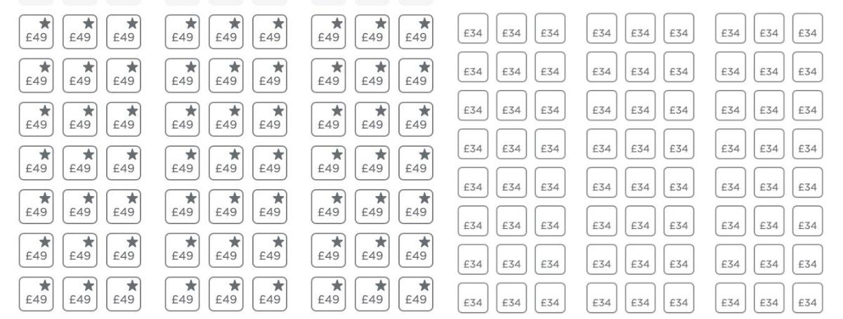 Virgin Atlantic seat select prices (front of plane left, back of plane right) Virgin Atlantic seat select prices (front of plane left, back of plane right)