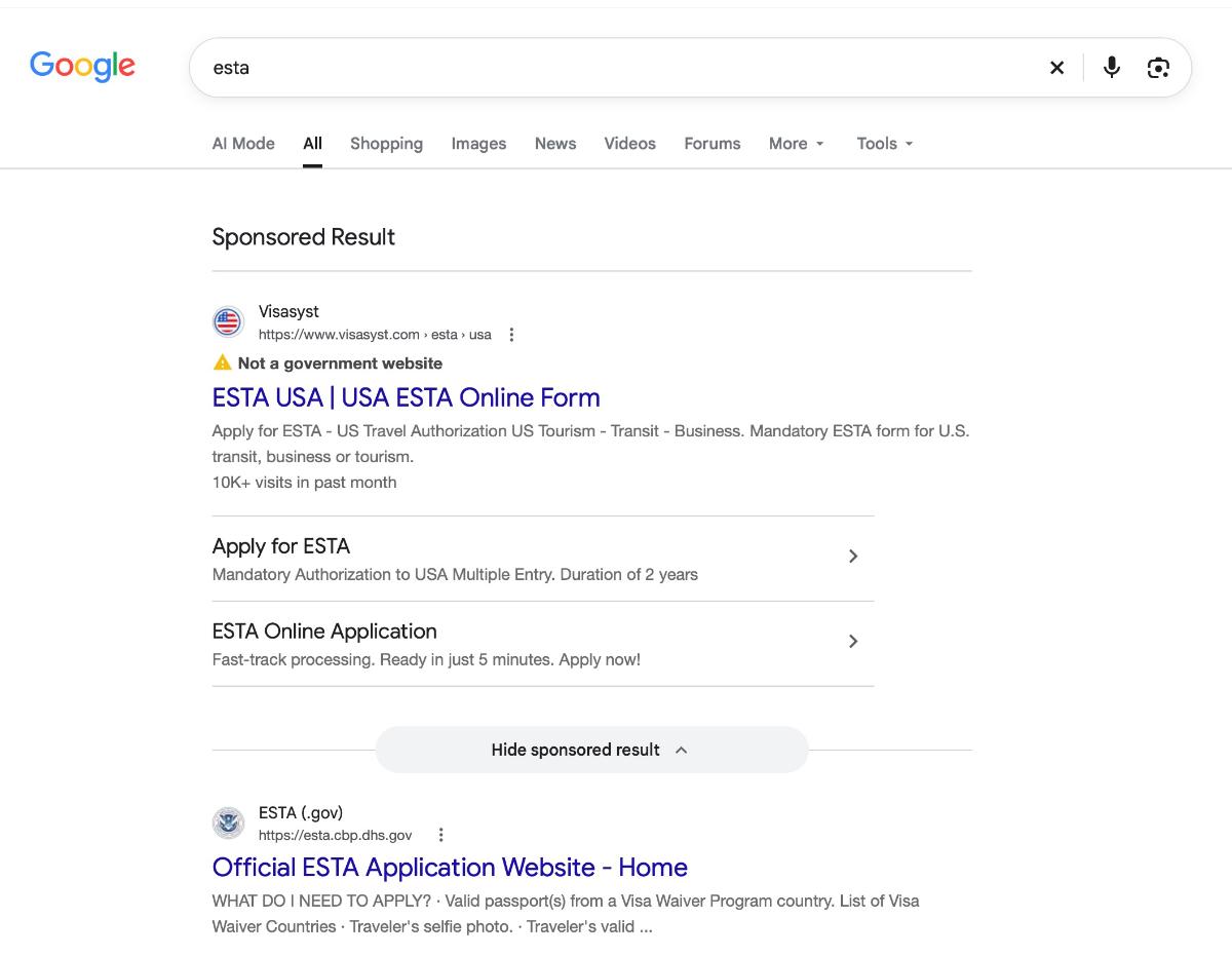 Google search showing a sponsored result above the official ESTA site
