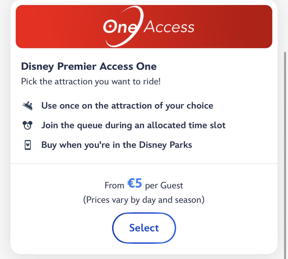 Disney Premier Access One starting from price screenshot from the Disneyland Paris app