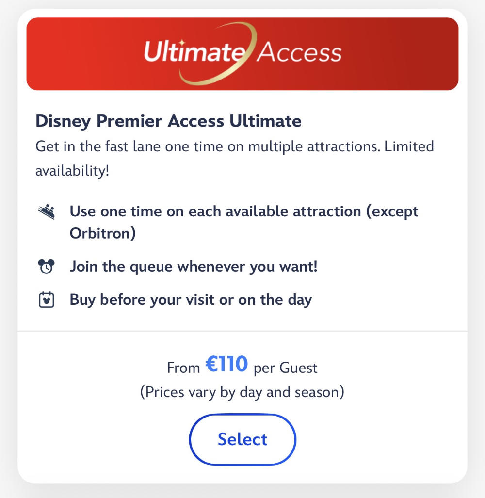 Disney Premier Access Ultimate starting from price screenshot from the Disneyland Paris app