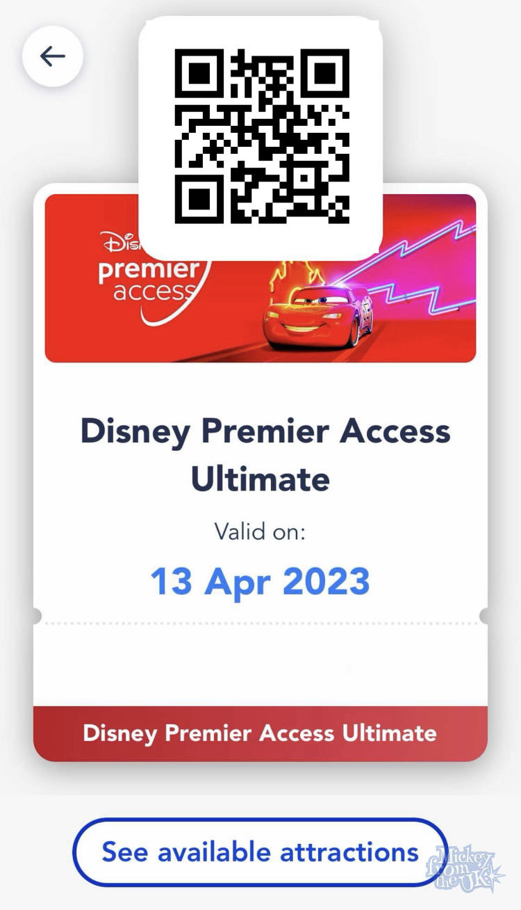 How the Disney Premier Access Ultimate QR code looks in the Disneyland Paris app