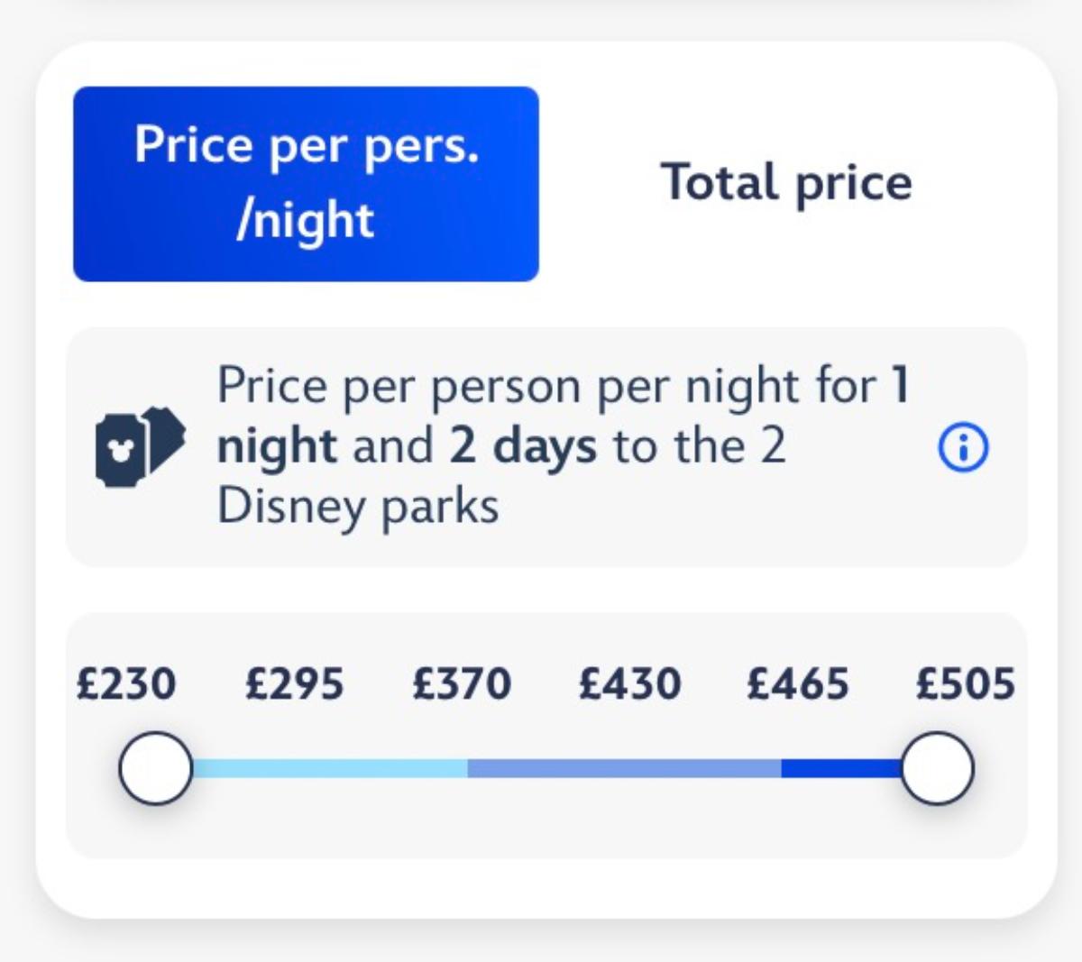 Option to display Disneyland Paris price calendar prices based on per person or total - always choose total for the actual cost Option to display Disneyland Paris price calendar prices based on per person or total - always choose total for the actual cost