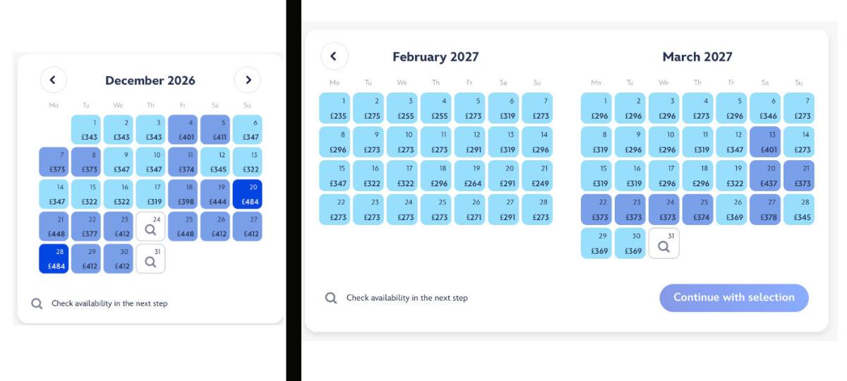 Disneyland Paris Price Calendar - Mobile view left, desktop view right Disneyland Paris Price Calendar - Mobile view left, desktop view right