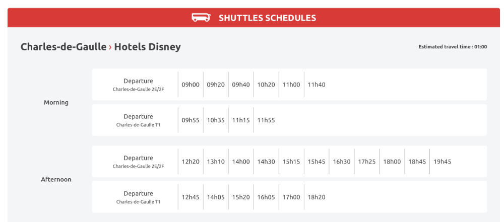 Example Magical Shuttle timetable showing departure times from CDG and ORLY airports to Disneyland Paris