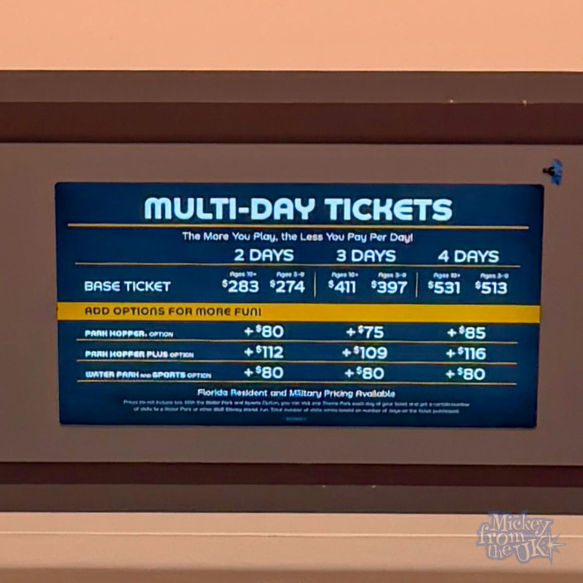 Walt Disney World US multi-day ticket price board, September 2026 Walt Disney World US multi-day ticket price board showing 2, 3 and 4-day prices and add-on options in September 2026