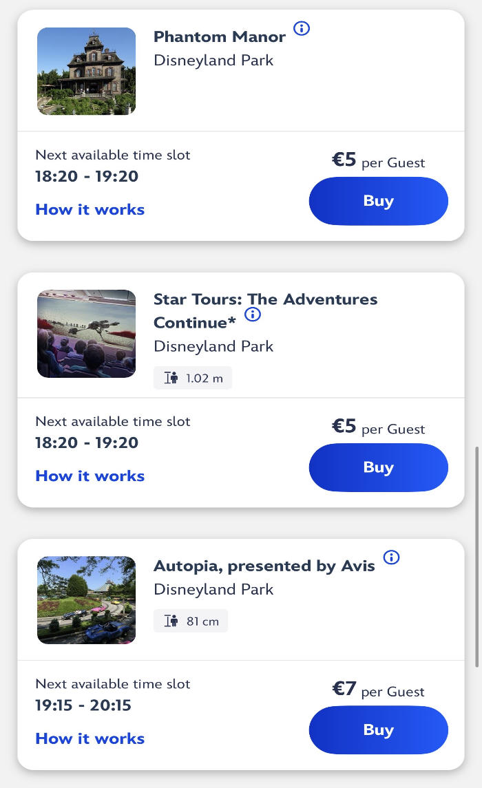 Disney Premier Access screenshot showing Phantom Manor priced at €5 and Star Tours priced at €5