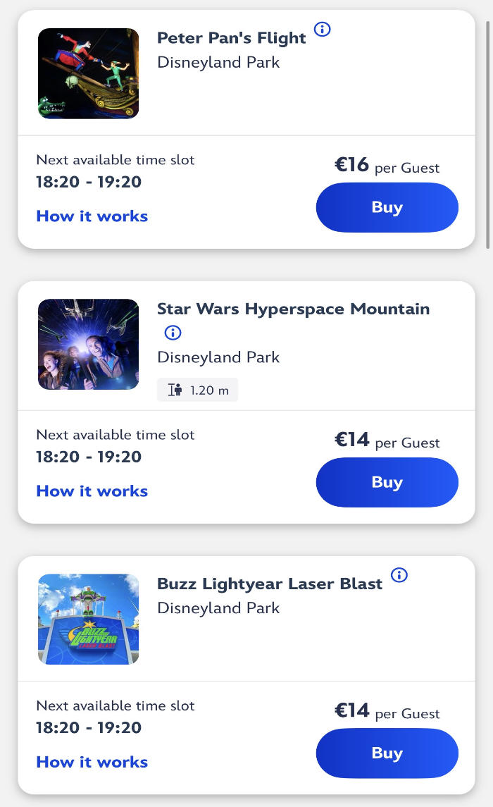 Disney Premier Access screenshot showing Peter Pan's Flight priced at €16, Star Wars Hyperspace Mountain priced at €14 and Buzz Lightyear Laser Blast priced at €14
