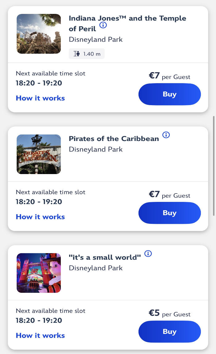 Disney Premier Access screenshot showing Indiana Jones priced at €7, Pirates of the Caribbean priced at €7 and it's a small world priced at €5