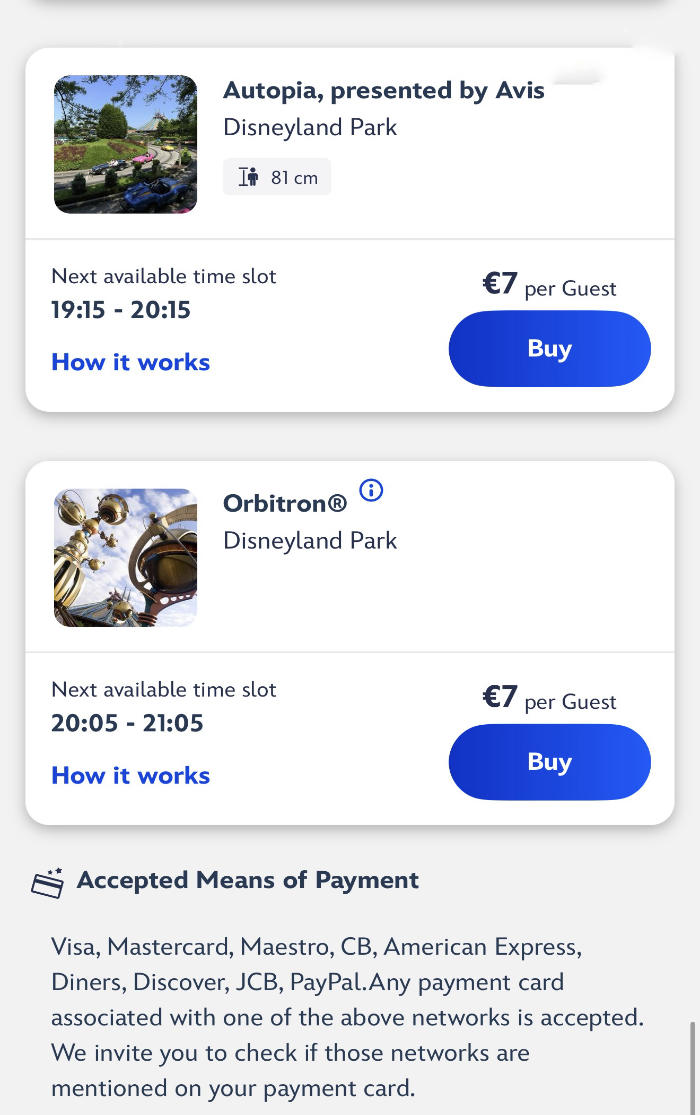 Disney Premier Access screenshot showing Autopia priced at €7 and Orbitron priced at €7