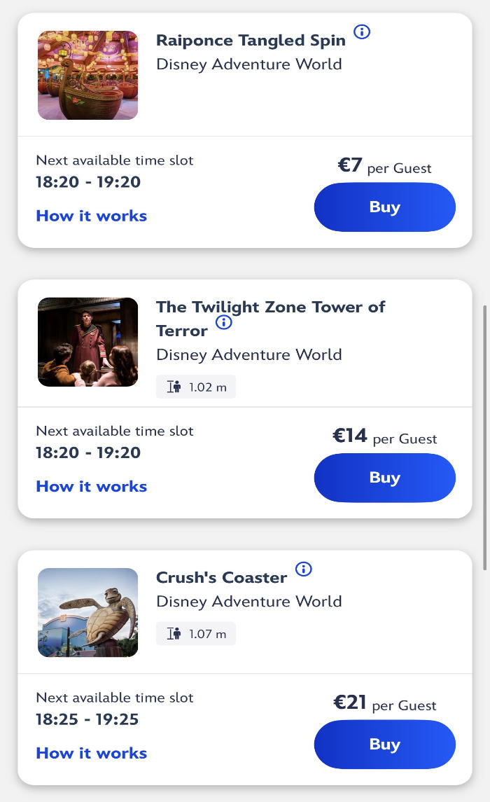 Disney Premier Access screenshot showing Raiponce Tangled Spin priced at €7, Tower of Terror priced at €14 and Crush's Coaster priced at €21