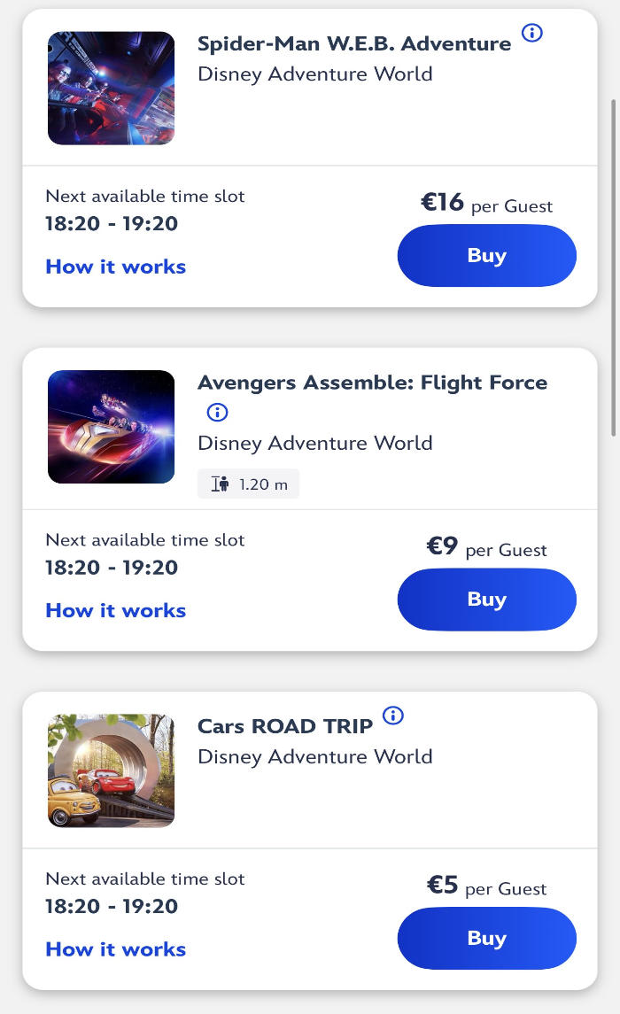 Disney Premier Access screenshot showing Spider-Man W.E.B. Adventure priced at €16, Avengers Assemble Flight Force priced at €9 and Cars ROAD TRIP priced at €5