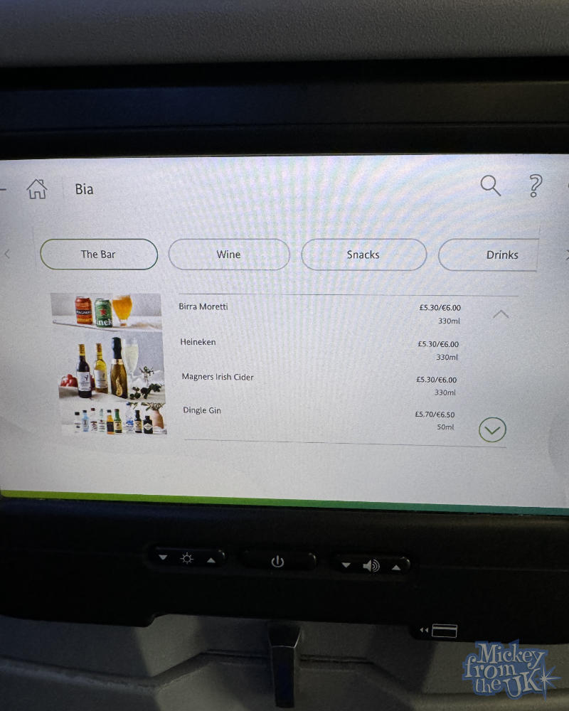 Aer Lingus in-flight food menu on the entertainment screen