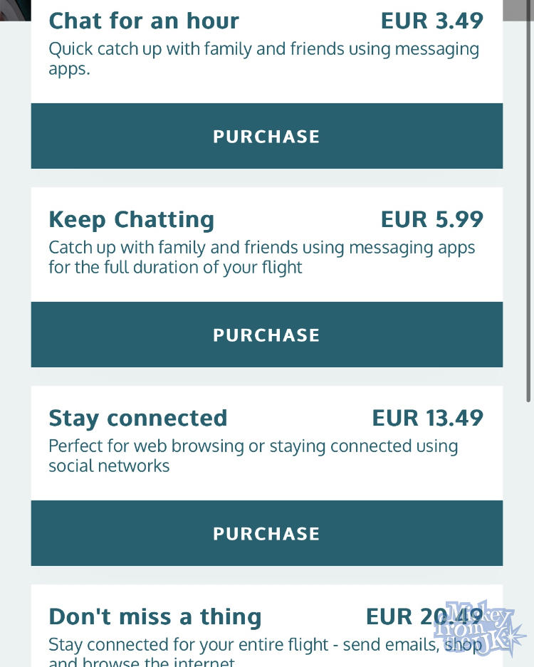Aer Lingus in-flight wifi pricing options shown on screen