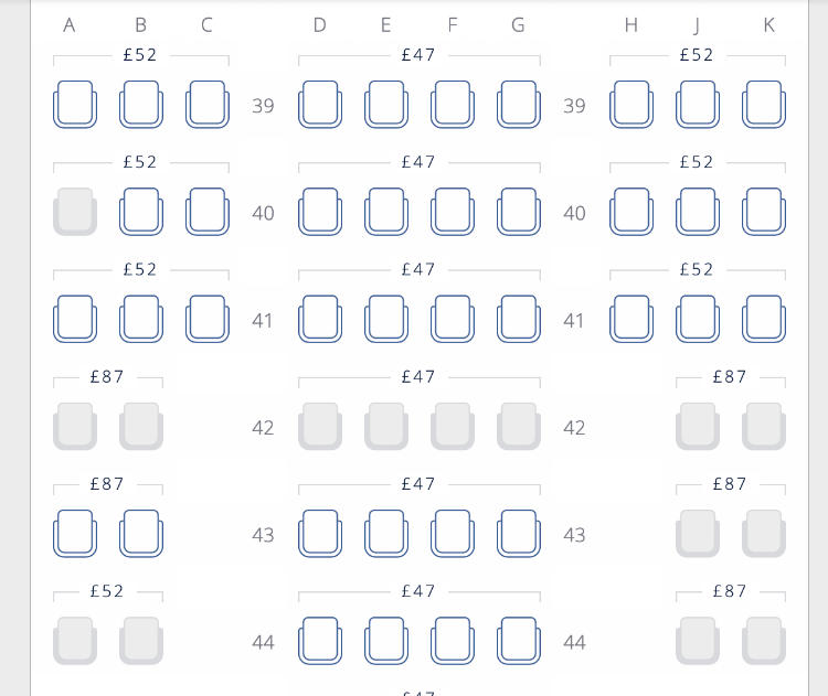 British Airways rear economy cabin showing the 2-4-2 seat layout on the Boeing 777