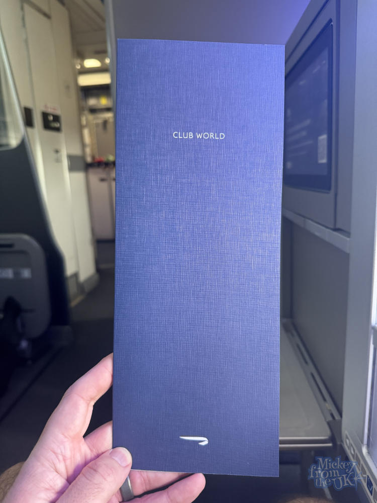 British Airways Club World business class menu cover