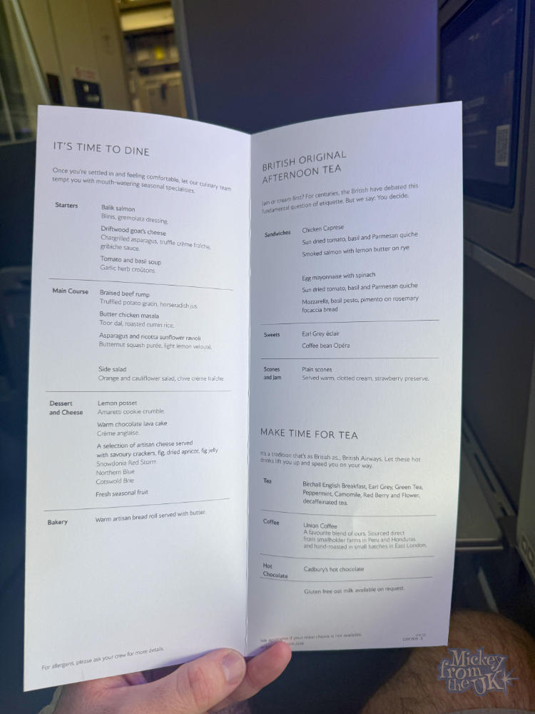 British Airways Club World business class food menu