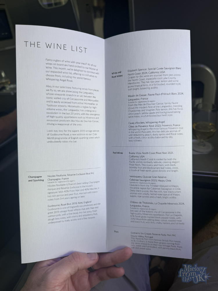 British Airways Club World business class wine list