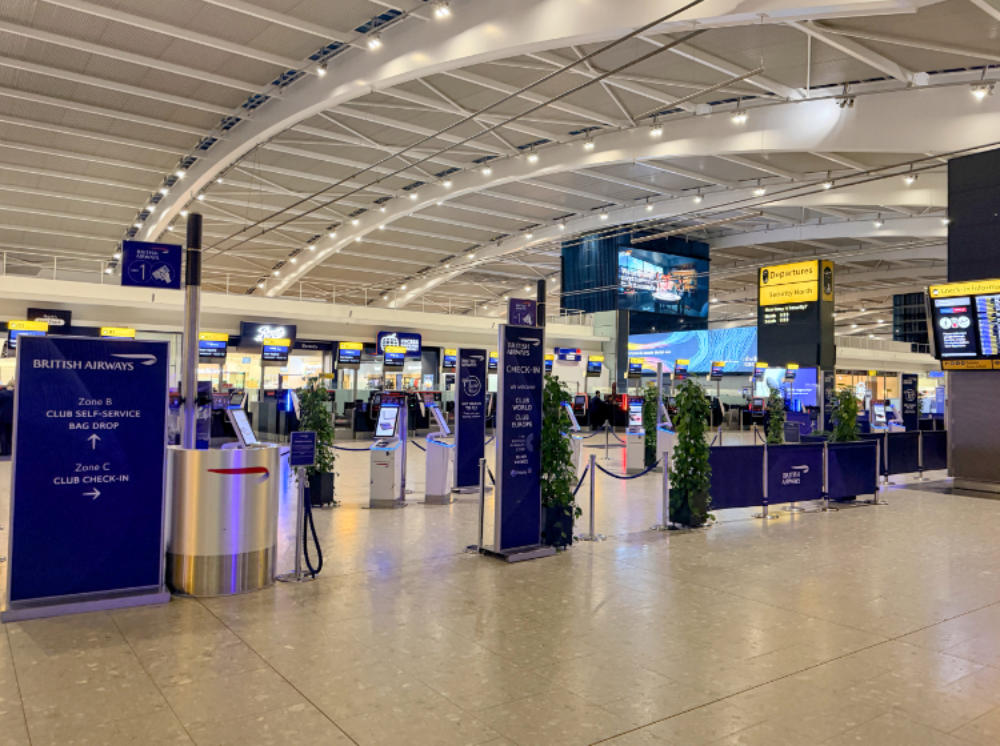 Self-service bag drop machines at the British Airways check-in desk, Gatwick Airport