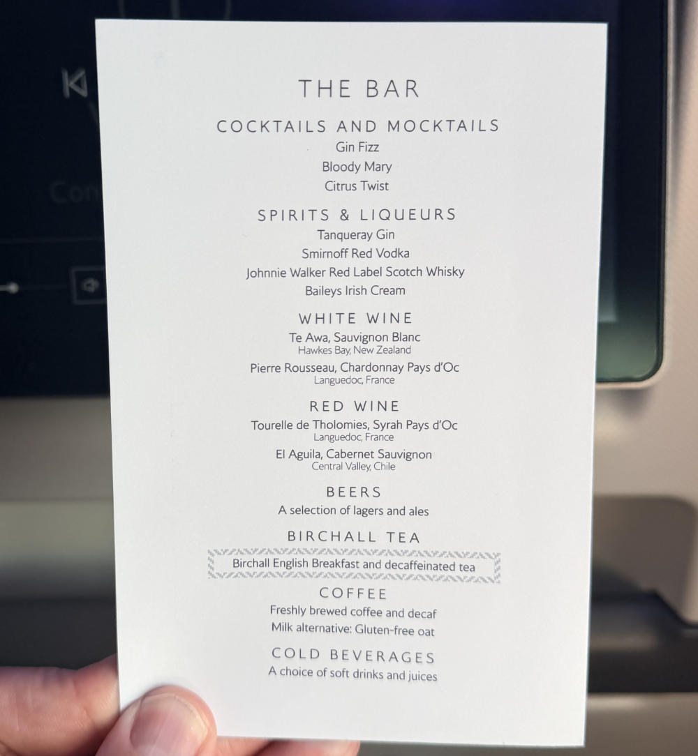 British Airways World Traveller Plus Drink Bar Menu