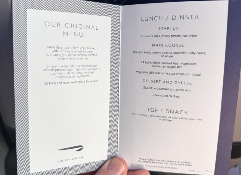 British Airways World Traveller Plus Food Menu