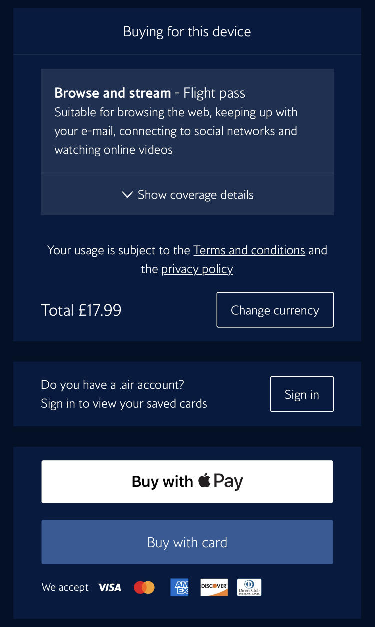 Pricing screen for British Airways in-flight Wi-Fi passes