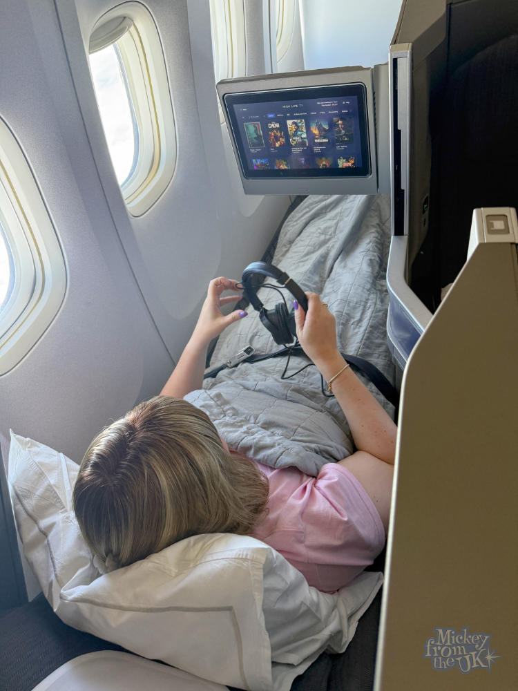 British Airways Club World business class seat fully flat bed mode on the 777-200