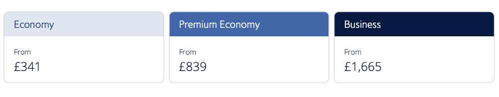 British Airways Club World business class price comparison with economy and premium economy Gatwick to Orlando