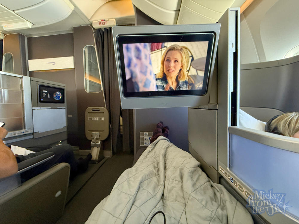Watching TV fully reclined in British Airways Club World business class before the mandatory nap