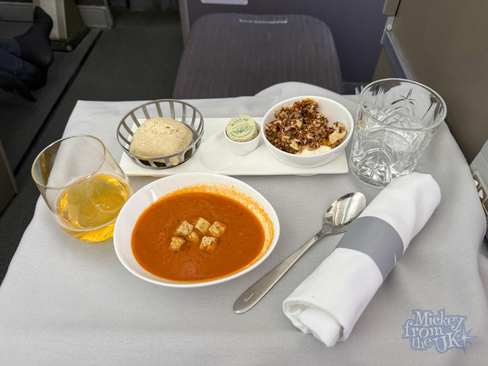 British Airways Club World business class soup starter served on proper china