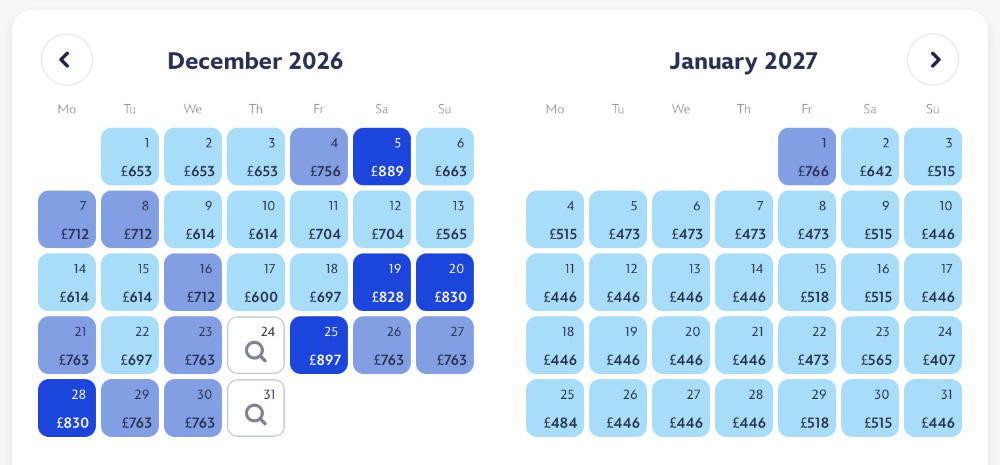 The Disneyland Paris price comparison calendar showing nightly Disney Sequoia Lodge prices