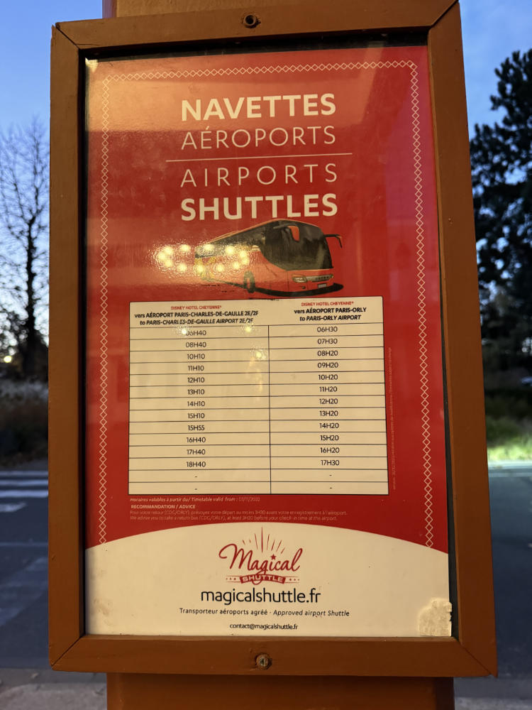 Magical Shuttle bus timetable posted at the Disneyland Paris hotels